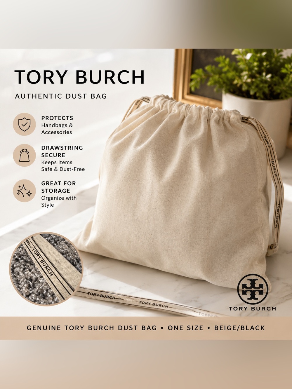 Authentic Tory Burch Beige Drawstring Dust Bag Storage Pouch Large